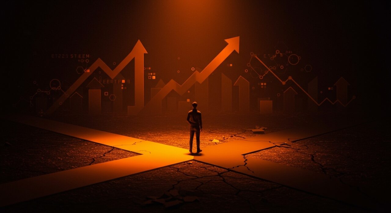 Debate visual sobre la aversión al riesgo en la cultura emprendedora de Y Combinator y startups de Stanford con metáforas digitales y caminos divergentes.