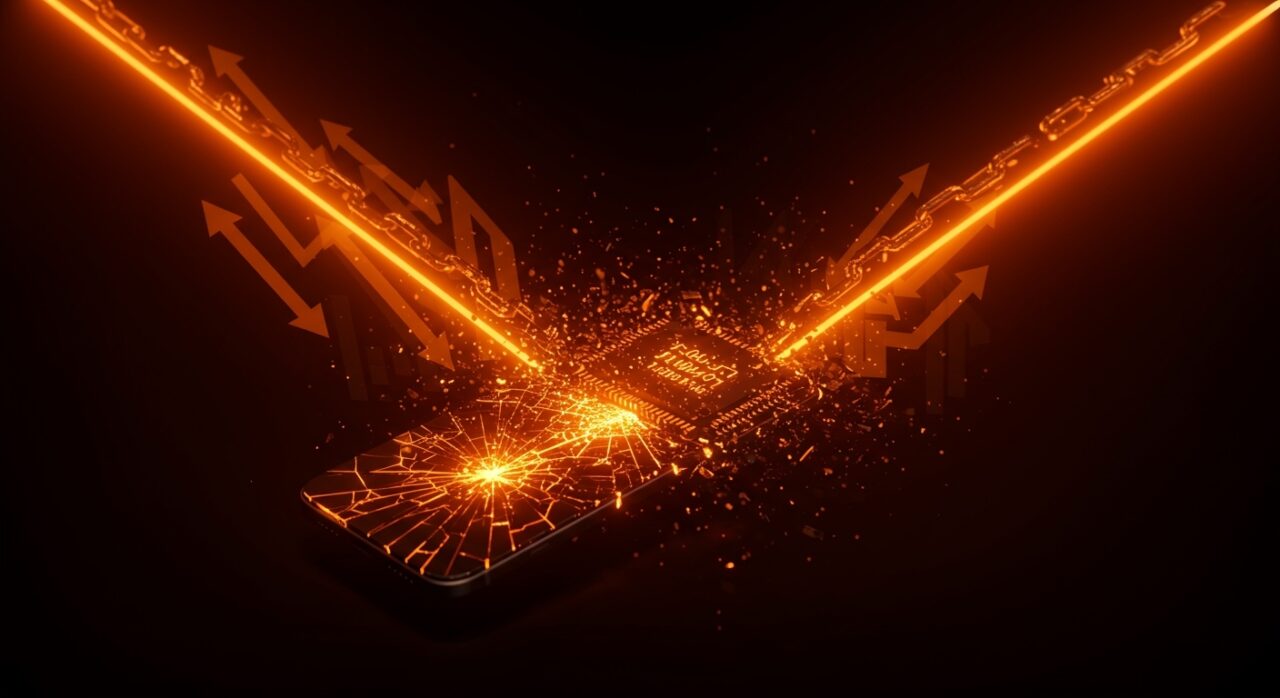 Escasez de memoria impacta envíos de smartphones, representado por fragmentación digital y cadena de suministro tecnológica en tonos naranja y negro.