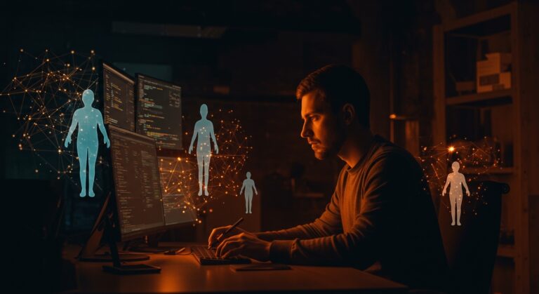Fundador tecnológico trabajando con agentes de programación IA que automatizan código en un entorno estilizado con colores naranja y negro, reflejando la relación entre IA y calidad de software.