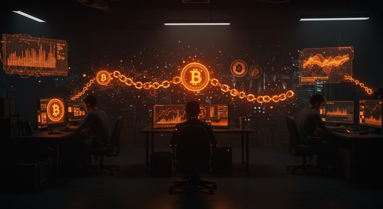 Estafas con IA y trabajo forzado en Sudeste Asiático representados mediante una escena oscura de centros de cibercrimen con redes digitales y símbolos de criptomonedas.