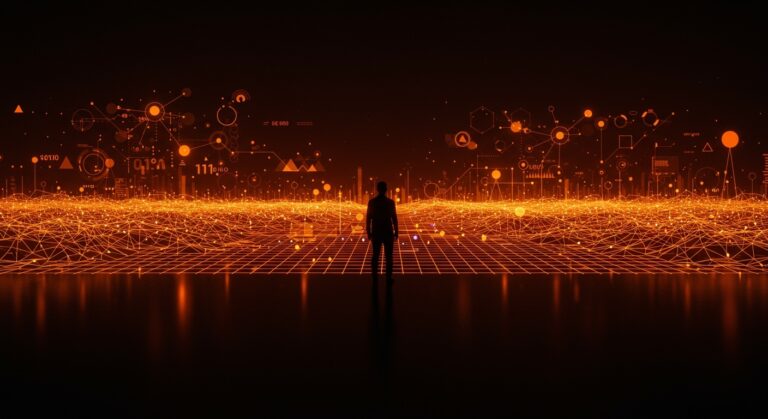 Evolución de la misión de OpenAI hacia AGI representada con redes neuronales y líder contemplando un horizonte digital en tonos naranjas y negros.