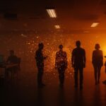 Éxodo del equipo fundador de xAI reflejado en siluetas tecnológicas con metáforas visuales de retención y rotación de talento en startups de IA.