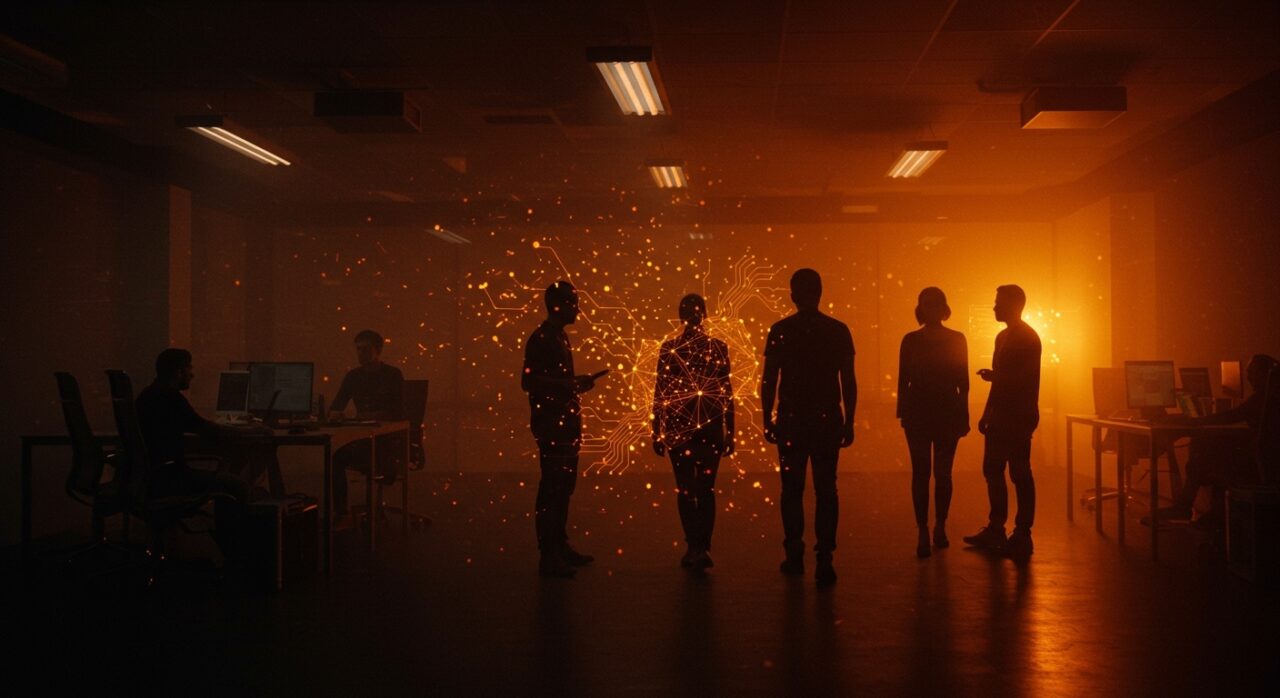 Éxodo del equipo fundador de xAI reflejado en siluetas tecnológicas con metáforas visuales de retención y rotación de talento en startups de IA.