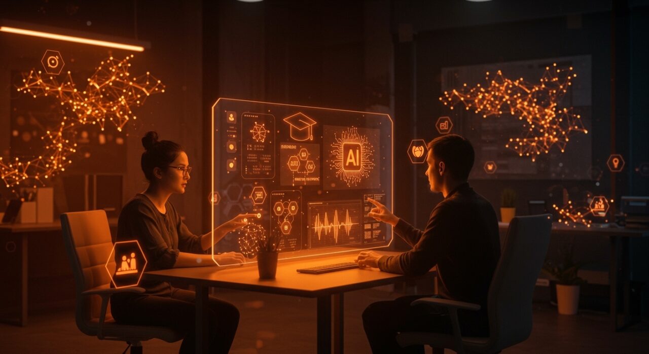 Equipo de startup interactuando con explicadores visuales de inteligencia artificial y modelos de difusión en entorno tecnológico naranja y negro.