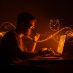 Fundador expuesto a luz optimizada usando tecnología wearable para mejorar función cognitiva y bienestar en el ecosistema startup.