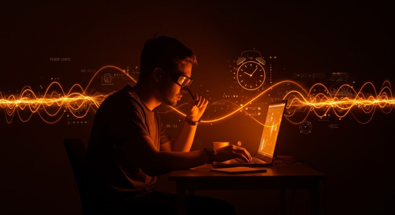 Fundador expuesto a luz optimizada usando tecnología wearable para mejorar función cognitiva y bienestar en el ecosistema startup.