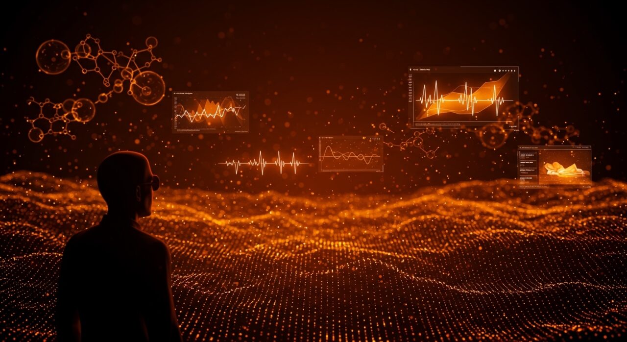 Founder healthtech contempla paisaje digital que representa exposoma y longevidad funcional en medicina preventiva y envejecimiento saludable.