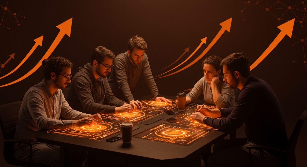 Cinco emprendedores colaborando en un programa de aceleración de startups en Extremadura con mentorización experta y conexión global.