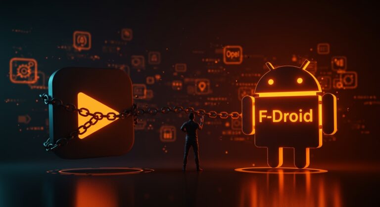 Fundador frente a símbolos de Google Play restringido y F-Droid abierto, ilustrando la distribución alternativa en el ecosistema Android.