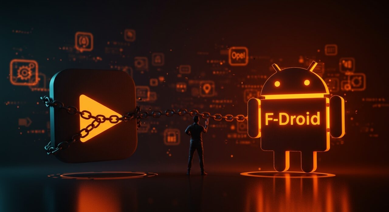 Fundador frente a símbolos de Google Play restringido y F-Droid abierto, ilustrando la distribución alternativa en el ecosistema Android.
