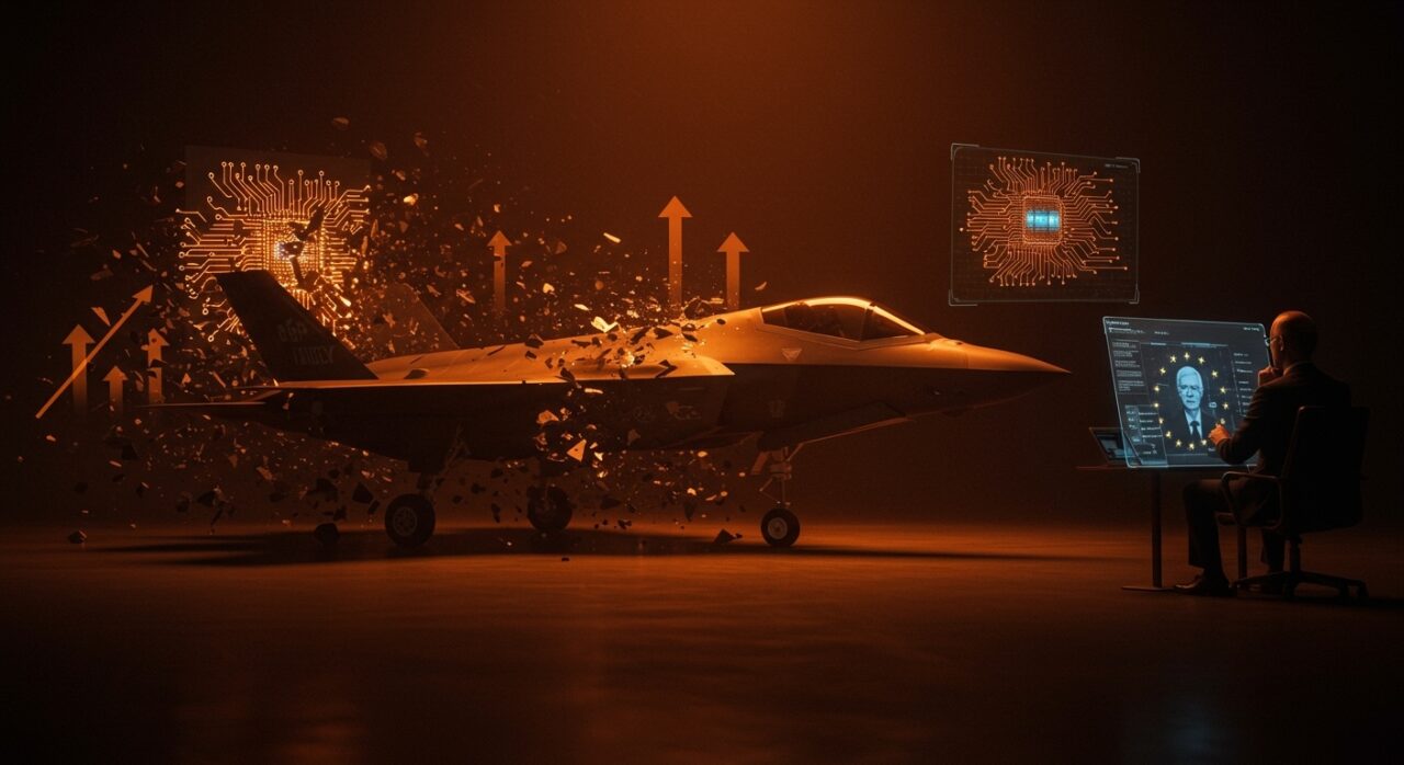 Imagen conceptual del F-35 'jailbreak' destacando lecciones de soberanía tecnológica para startups en defensa europea y seguridad nacional.