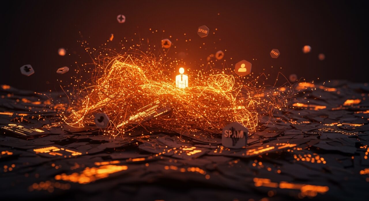 Colapso del feed de Facebook en 2026 por contenido generado por IA y spam, ilustrando la crisis en redes sociales y retos para founders.