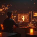 Interfaz digital futurista con perfil animado de Facebook y elementos de IA para redes sociales, destacando nuevas herramientas de inteligencia artificial en startups.