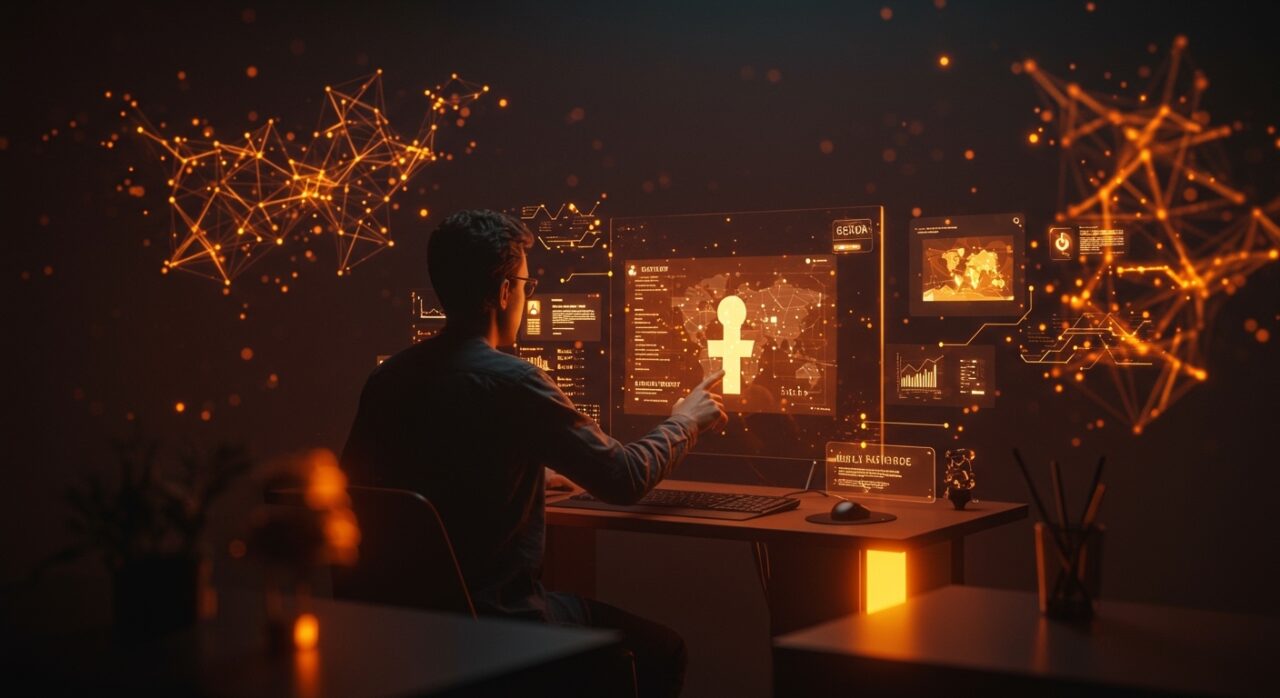 Interfaz digital futurista con perfil animado de Facebook y elementos de IA para redes sociales, destacando nuevas herramientas de inteligencia artificial en startups.