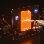 Interacción futurista de robots.txt con crawlers de Facebook y Meta, ilustrando optimización técnica y gestión de rastreo web en infraestructura tech.