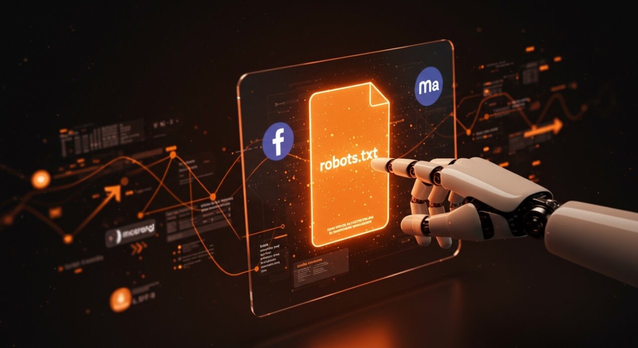 Interacción futurista de robots.txt con crawlers de Facebook y Meta, ilustrando optimización técnica y gestión de rastreo web en infraestructura tech.