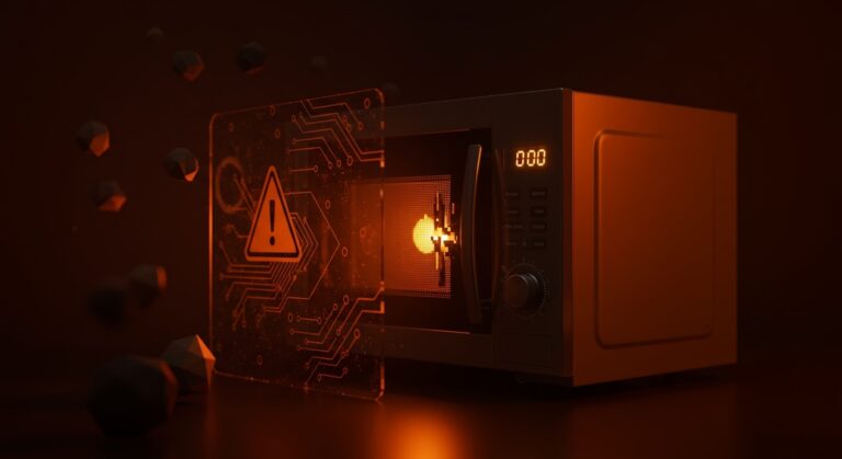 Microondas con LED degradado iluminado que simboliza fallos en diseño de producto hardware e IoT, destacando calidad y fiabilidad en startups.