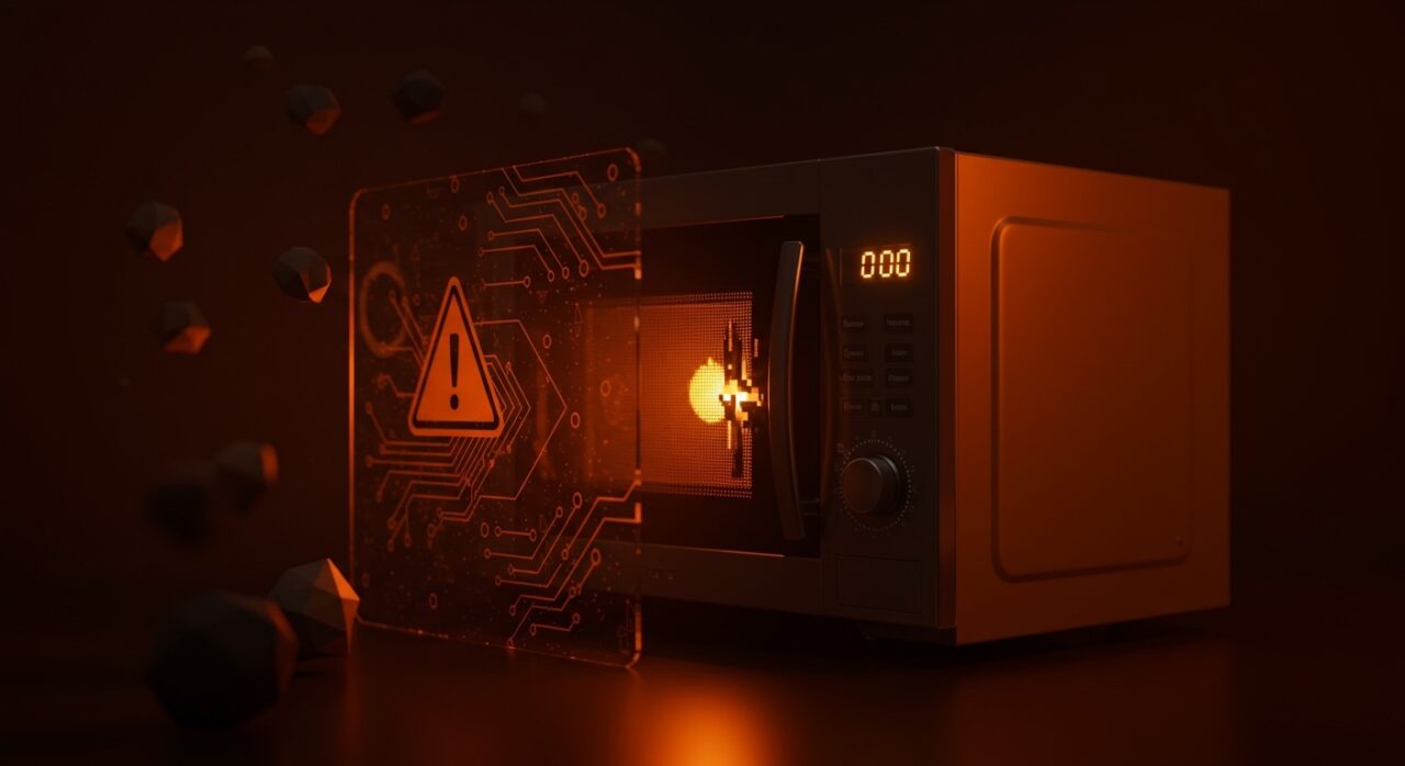 Microondas con LED degradado iluminado que simboliza fallos en diseño de producto hardware e IoT, destacando calidad y fiabilidad en startups.