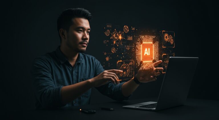 Fundador tecnológico frente a visualización holográfica de mapas de atención y estructuras KV optimizadas para eficiencia en inteligencia artificial y reducción de costos.