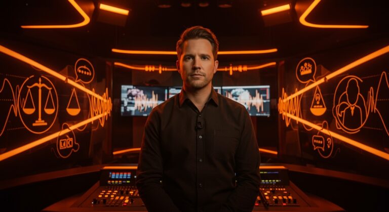 Brendan Carr en estudio de broadcasting con simbolismos patrióticos, reflejando la propuesta de programación patriótica de la FCC para emisoras en EE.UU.