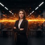 Elisenda Bou-Balust en entorno corporativo futurista, simbolizando liderazgo en transformación digital y ecosistema startup catalán.