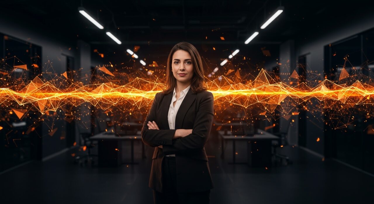 Elisenda Bou-Balust en entorno corporativo futurista, simbolizando liderazgo en transformación digital y ecosistema startup catalán.