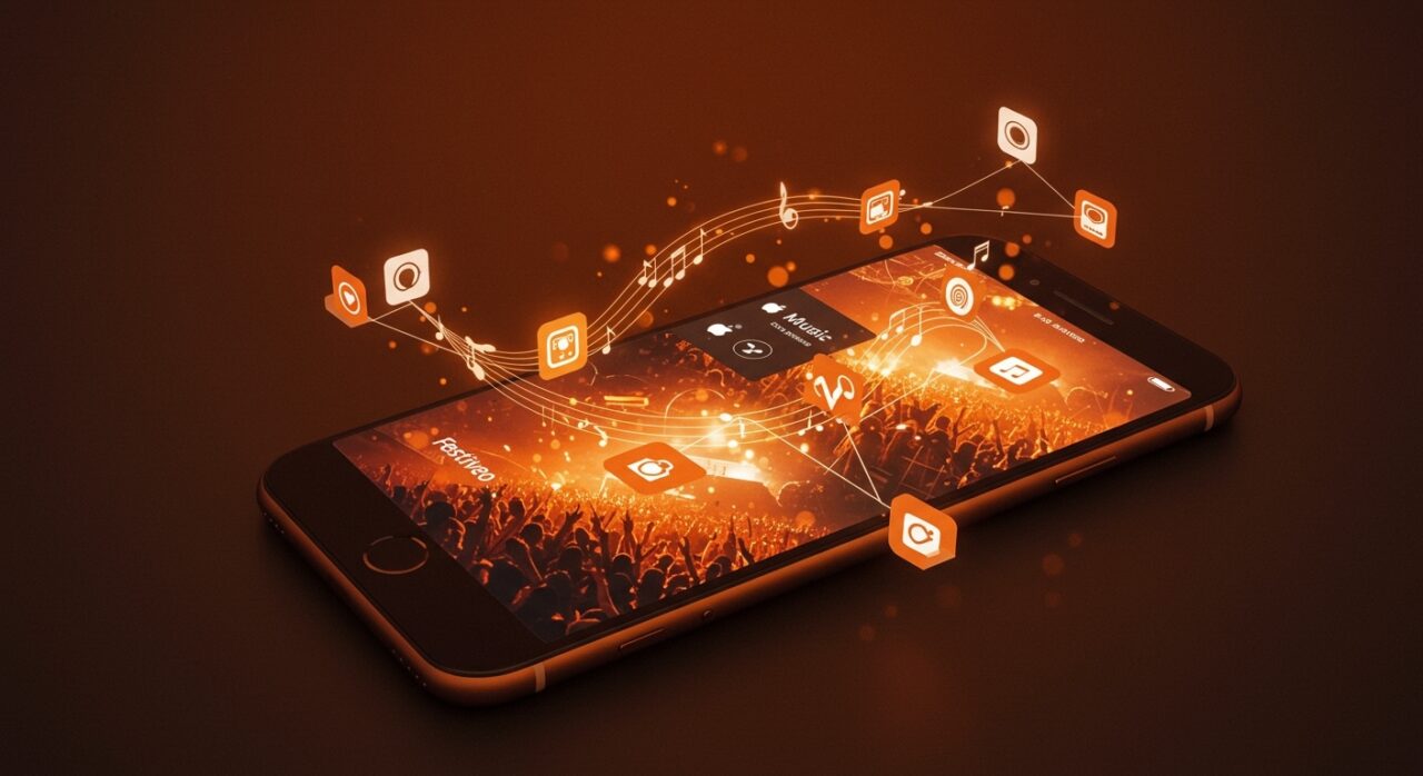 Interfaz de la app Festiveo conectando Apple Music con festivales, mostrando integración y personalización para planificación de eventos musicales.