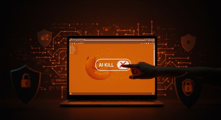 Interfaz de Firefox 148 con AI kill switch activado, destacando control total sobre IA y privacidad en startups tecnológicas.