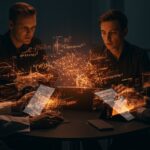 Matemáticos colaborando con inteligencia artificial avanzada para resolver problemas matemáticos de investigación en un entorno tecnológico.