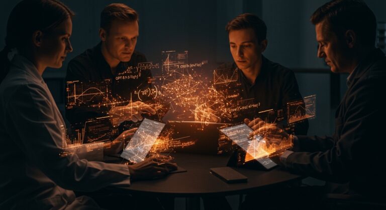 Matemáticos colaborando con inteligencia artificial avanzada para resolver problemas matemáticos de investigación en un entorno tecnológico.