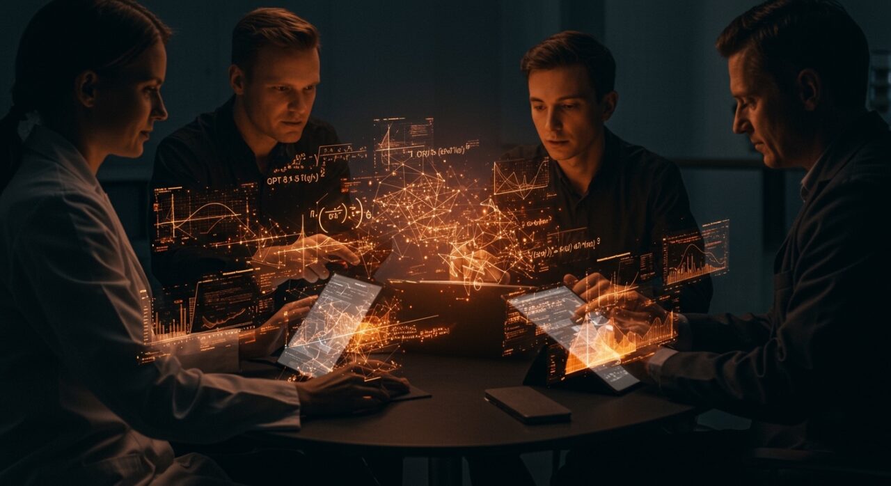 Matemáticos colaborando con inteligencia artificial avanzada para resolver problemas matemáticos de investigación en un entorno tecnológico.