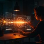 Startup tech founder trabajando con visualizaciones holográficas de física de partículas e inteligencia artificial en un entorno futurista.