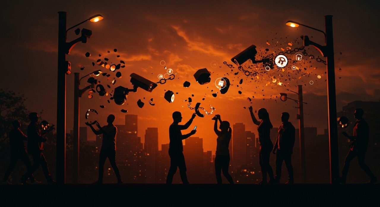 Ciudadanos desmantelan cámaras de vigilancia Flock Safety en protesta por privacidad y ética tecnológica en EEUU.