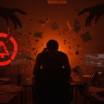 Fraude interno y quiebra de la startup Foccuz representados con una escena dramática en tonos naranja y negro destacando riesgos de inversión y gobernanza startup.