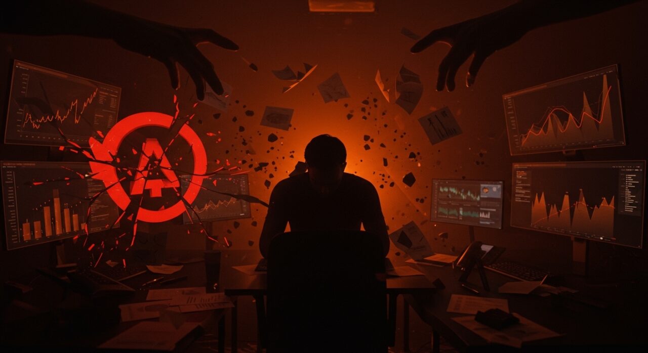 Fraude interno y quiebra de la startup Foccuz representados con una escena dramática en tonos naranja y negro destacando riesgos de inversión y gobernanza startup.