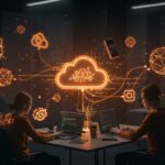 Plataforma IoT cloud Fostrom con desarrolladores usando SDKs y visualización de dispositivos IoT en un entorno tecnológico avanzado.