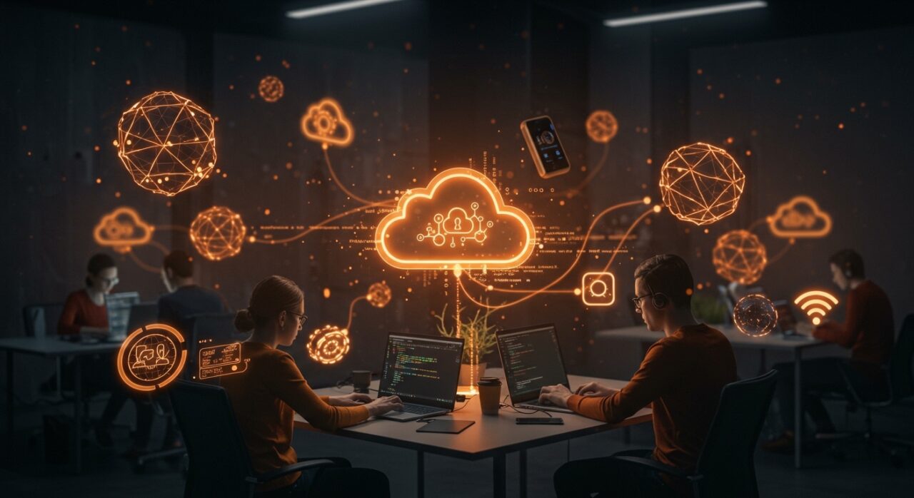 Plataforma IoT cloud Fostrom con desarrolladores usando SDKs y visualización de dispositivos IoT en un entorno tecnológico avanzado.