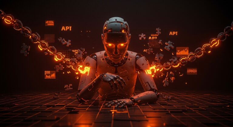 Representación visual de un agente de IA fragmentado mostrando el costo oculto de arquitecturas de franken-stack en automatización empresarial y seguridad API.