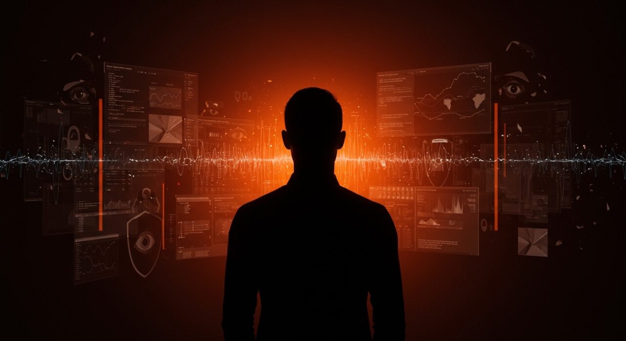 Fundador de Intellexa sentenciado por espionaje con elementos visuales de spyware y vigilancia digital en un estilo editorial cinematográfico.