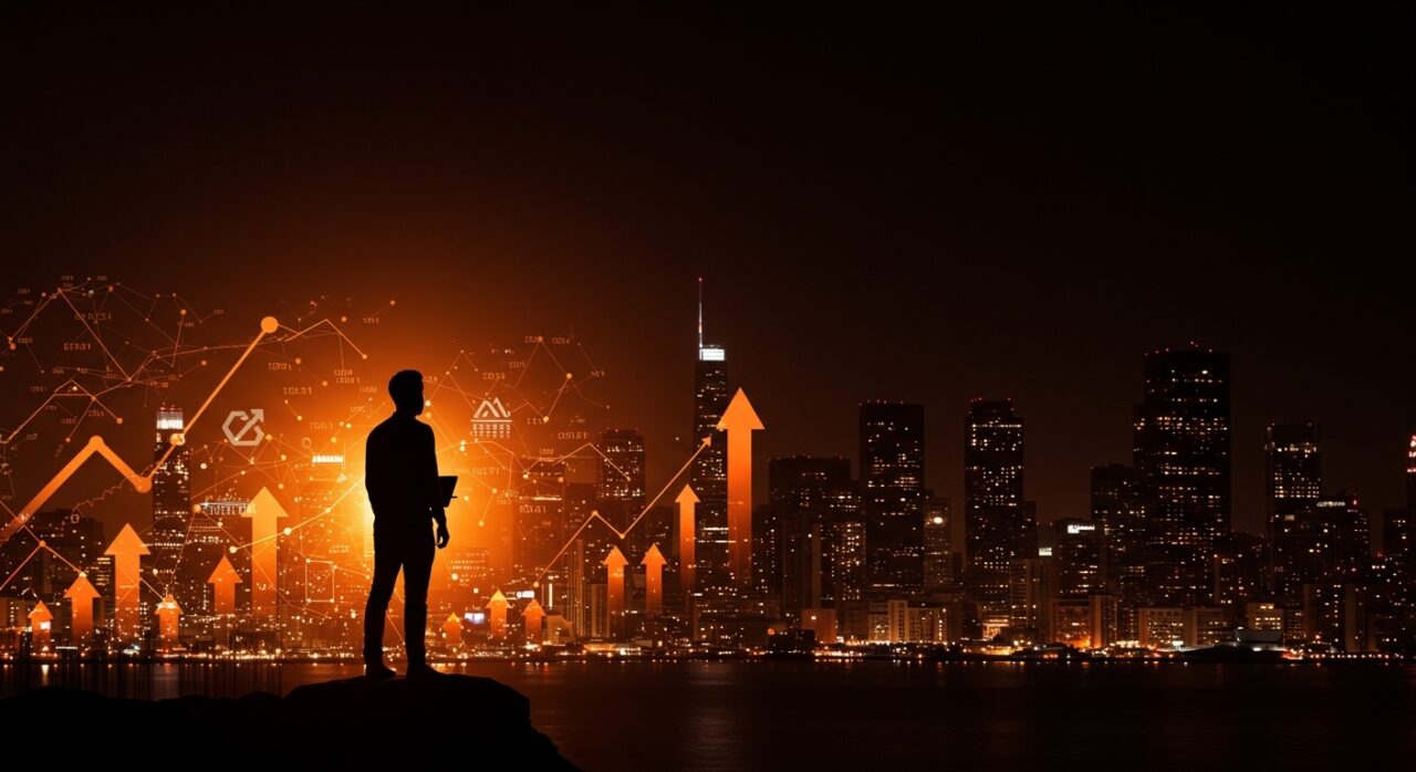 Fundador hispano sin secundaria creando startup de inteligencia artificial en Silicon Valley con metáforas visuales de crecimiento y tecnología.