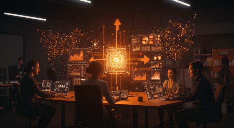 Equipo innovador trabajando con análisis de big data e inteligencia artificial empresarial tras la financiación Serie A de Fundamental.