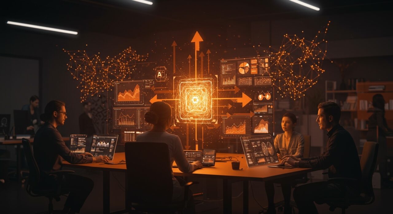 Equipo innovador trabajando con análisis de big data e inteligencia artificial empresarial tras la financiación Serie A de Fundamental.