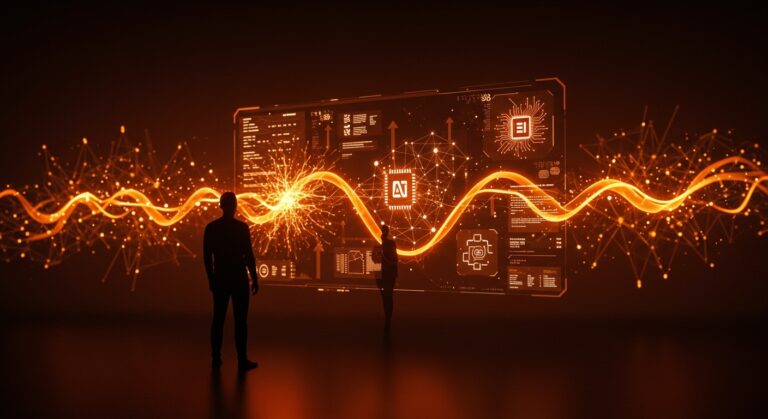 Fundador tecnológico frente a interfaz digital futurista mostrando IA y plataformas low-code, simbolizando el futuro de la programación y la transformación digital para startups.