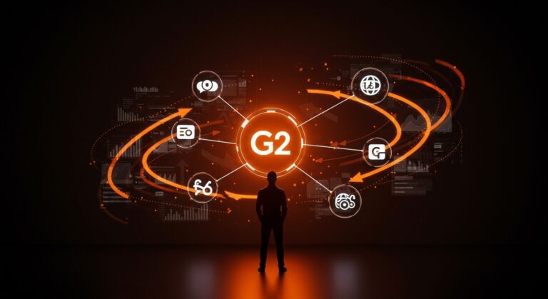 Influencia dominante de G2 en el mercado de software B2B con representaciones visuales de consolidación y descubrimiento tecnológico.