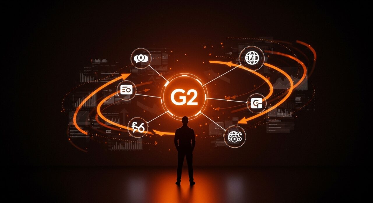 Influencia dominante de G2 en el mercado de software B2B con representaciones visuales de consolidación y descubrimiento tecnológico.