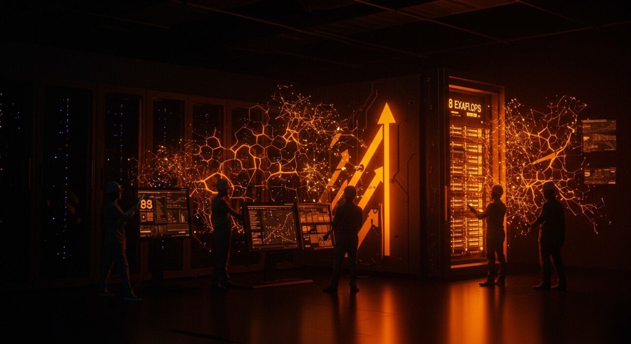 Centro de datos futurista en India con supercomputadora de IA de 8 exaflops desplegada por G42 y Cerebras, infraestructuras de computación de alto rendimiento para startups.