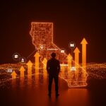 Garry Tan y su influencia política en California representada con elementos digitales y metáforas del ecosistema startup y la inversión tecnológica.