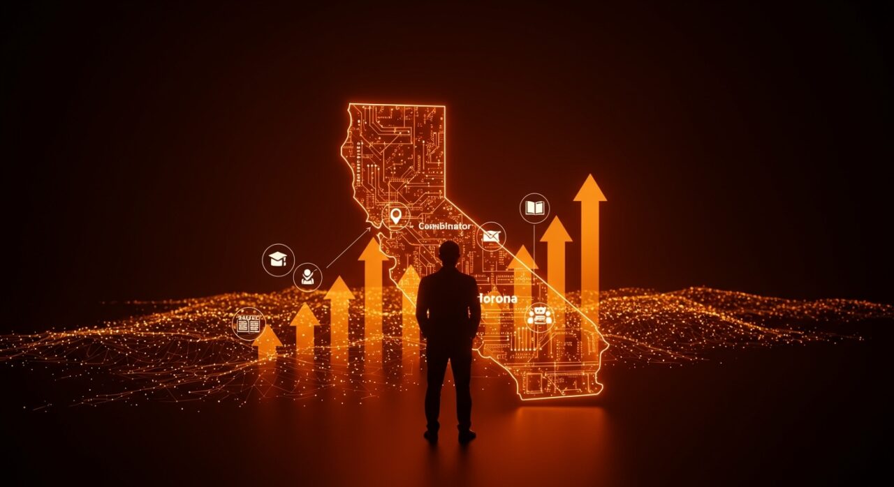 Garry Tan y su influencia política en California representada con elementos digitales y metáforas del ecosistema startup y la inversión tecnológica.