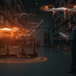 Drones autónomos operando en almacén inteligente con IA y liderazgo de Keith Block en financiamiento de startups tecnológicas.