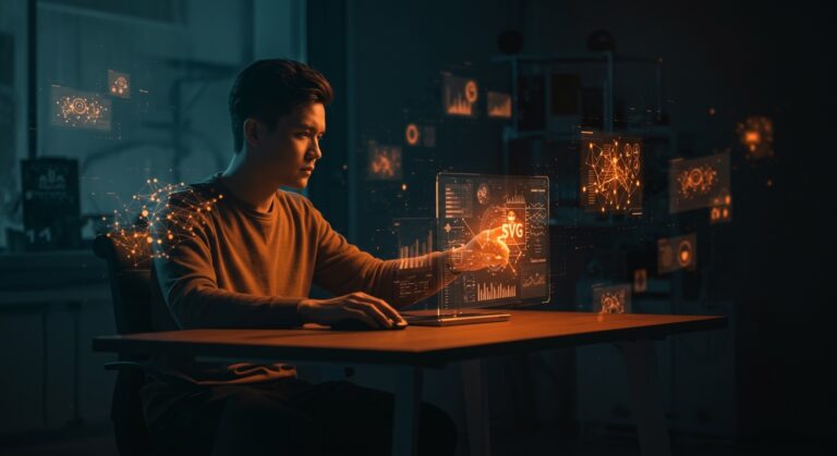 Fundador tech utilizando Gemini 3 Deep Think de Google para generar contenido visual SVG automatizado en startups tecnológicas.